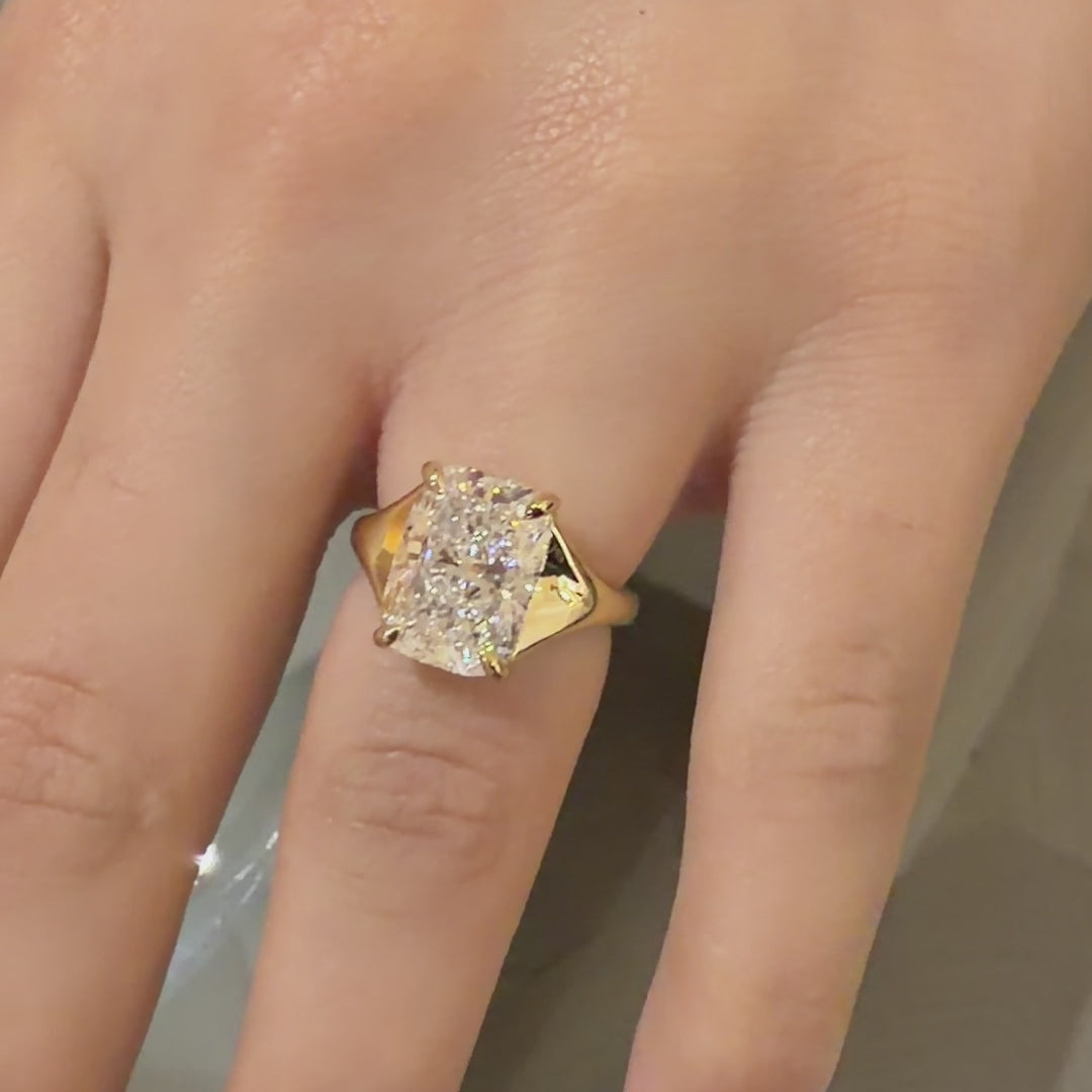 Elongated Cushion Cut Diamond Ring in Wide Yellow Gold band 2