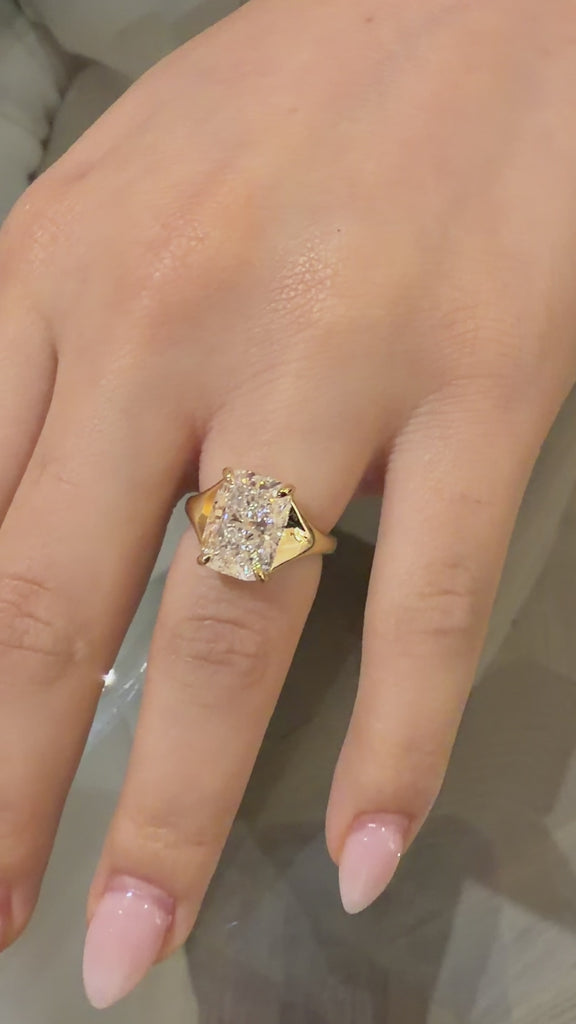 Elongated Cushion Cut Diamond Ring in Wide Yellow Gold band 2