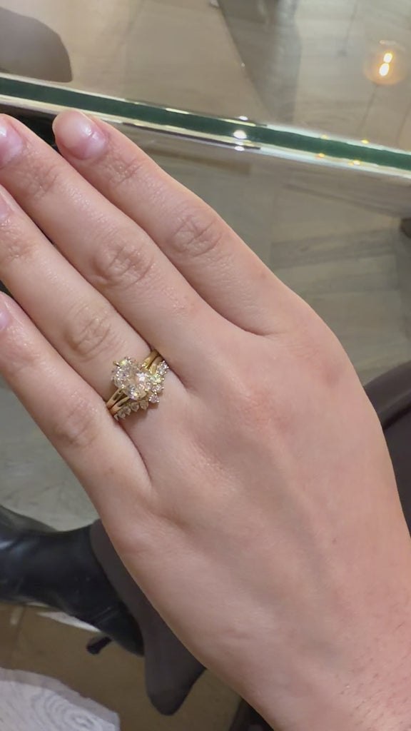 Elongated cushion cut diamond engagement ring with v shape diamond wedding ring 2