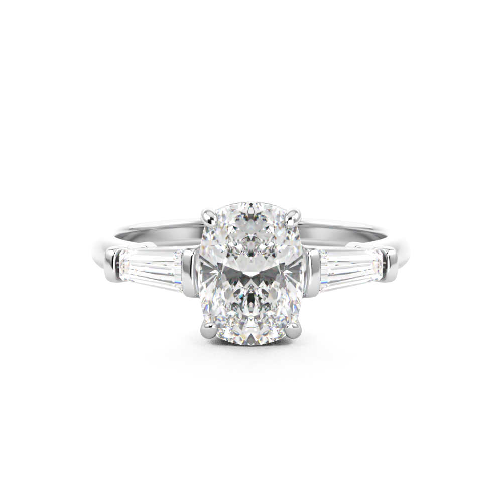 Elongated Cushion Cut 3 stone ring with tapered baguette side stones