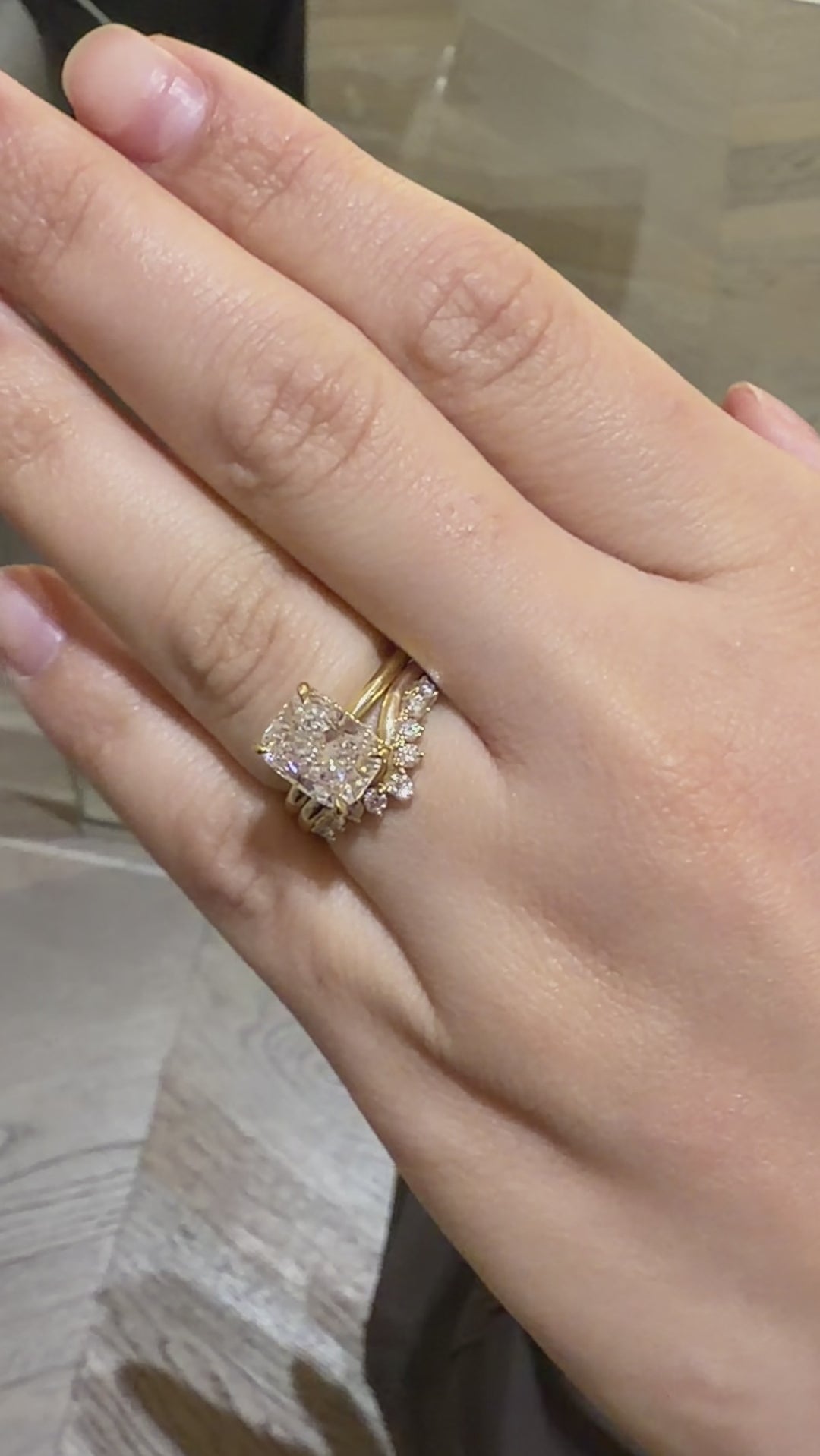 Elongated cushion cut diamond engagement ring with v shape diamond wedding ring