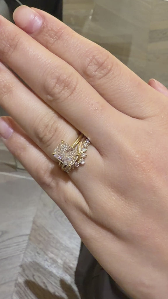 Elongated cushion cut diamond engagement ring with v shape diamond wedding ring