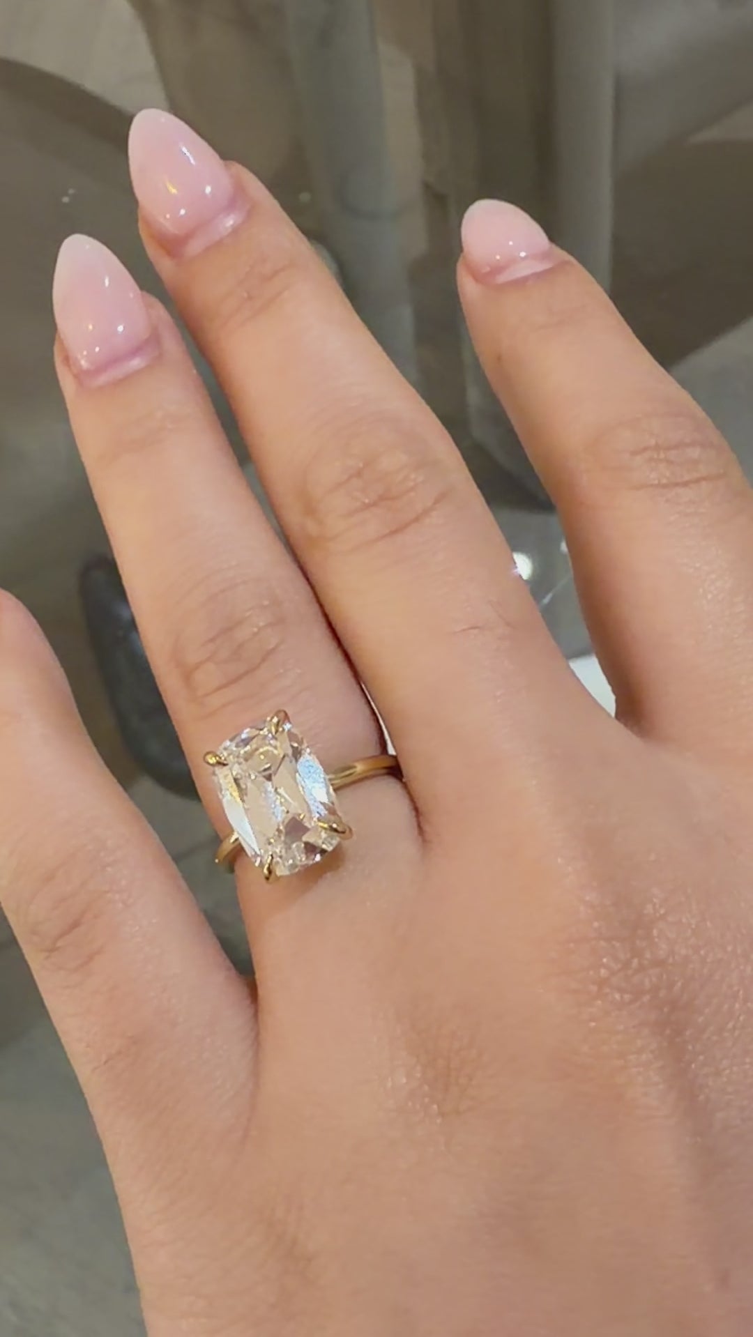 Elongated Cushion Old Mine Cut 5.03ct Diamond Ring on hand