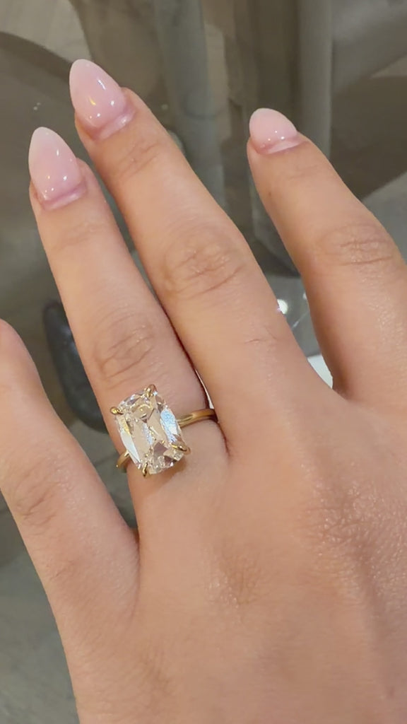 Elongated Cushion Old Mine Cut 5.03ct Diamond Ring on hand