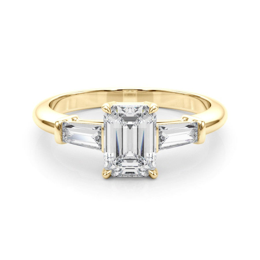 three stone engagement ring with moissanite emerald cut moissanite centre stone and baguette cut moissanite side stones
