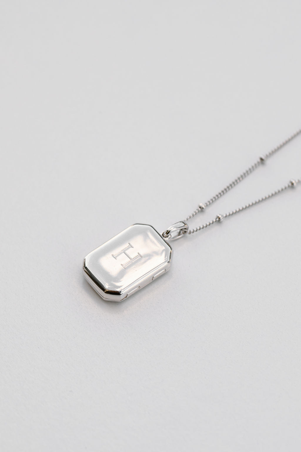rectangular bevel locket bead chain necklace white gold 