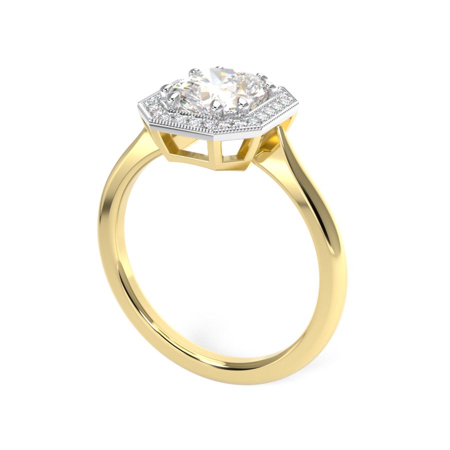 Halo engagement ring with an elongated cushion cut centre stone, diamond halo and millgrain edge