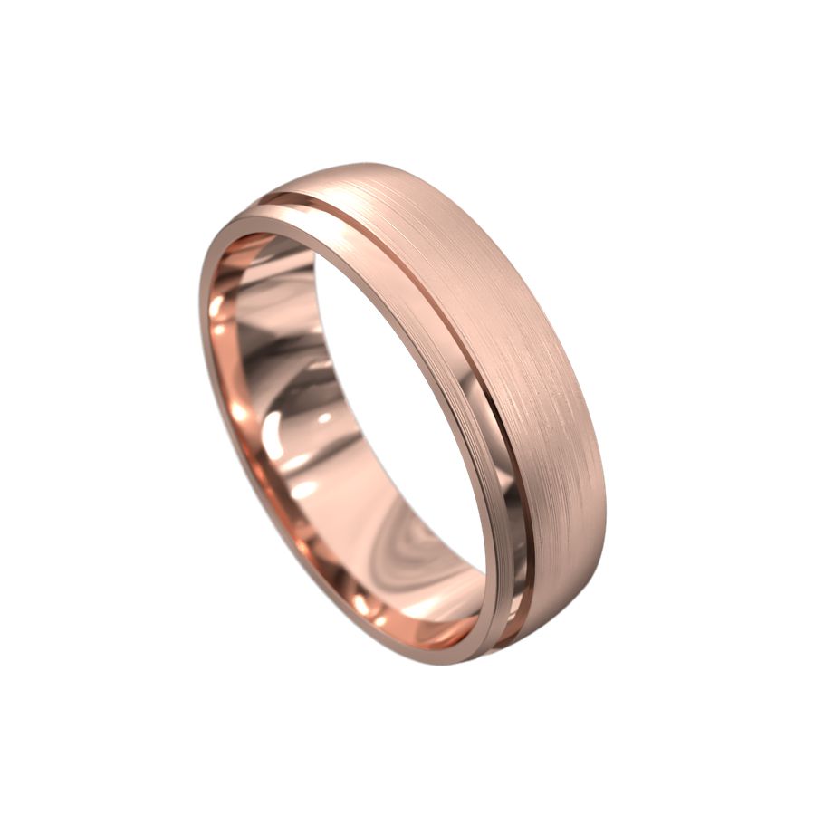rose gold brushed finish mens wedding ring with polished edge and carved line 