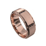 rose gold mens ring with brushed finish, bevelled edge and black diamonds