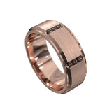 rose gold mens ring with brushed finish, bevelled edge and black diamonds