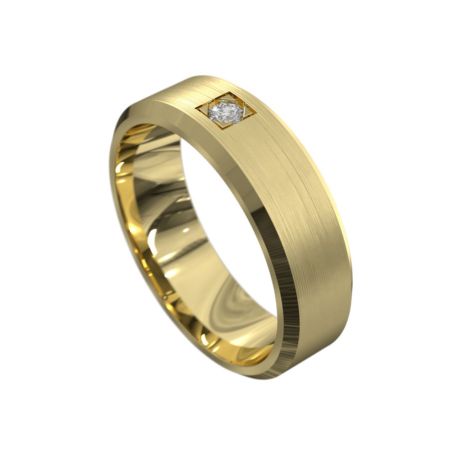 yellow gold men's wedding ring brushed gold with beveled edge diamond pressure set