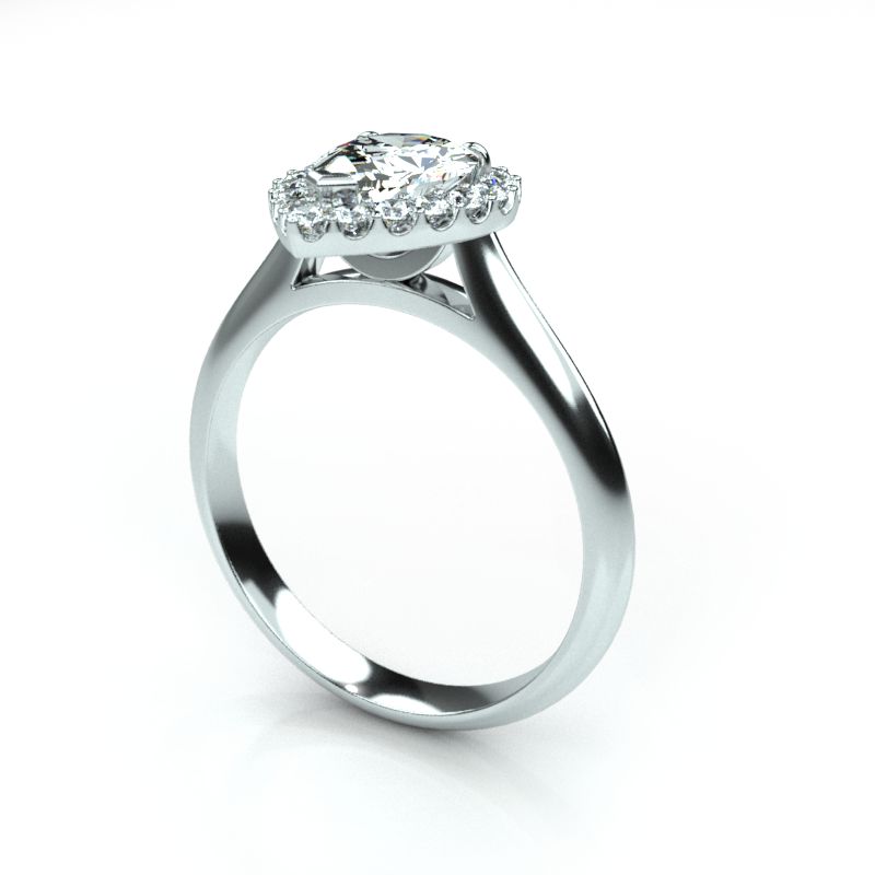 Pear Cut Moissanite with moissanite halo on a soft knife edge band