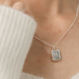 silver rectangular bevel locket engraved on bead chain necklace