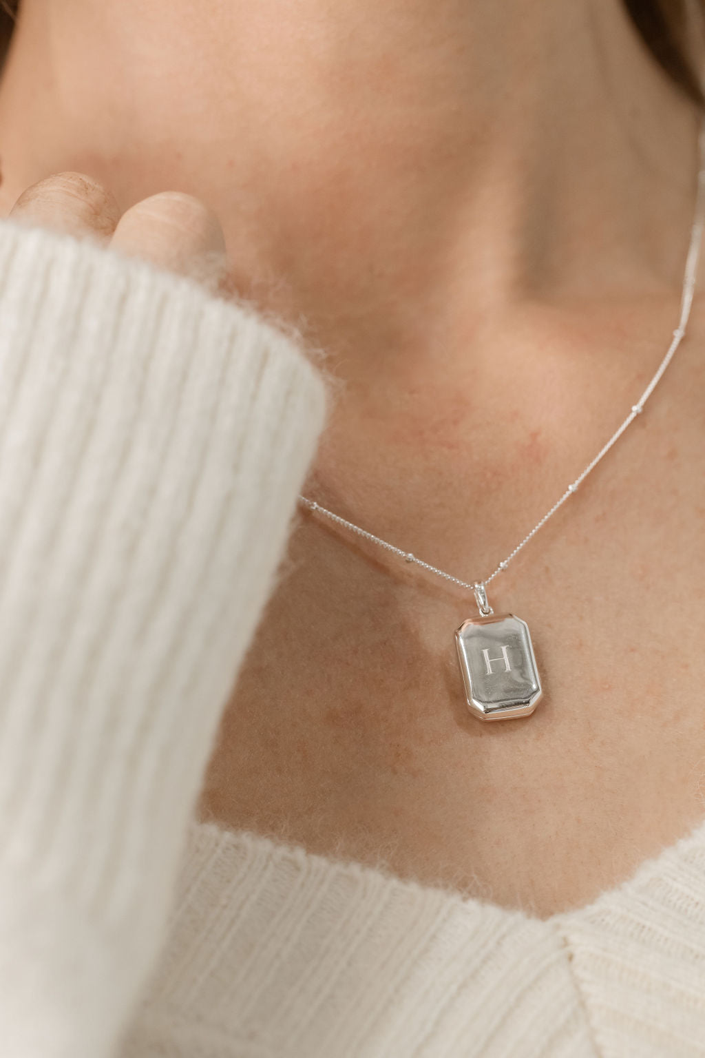silver rectangular bevel locket engraved on bead chain necklace