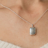 silver rectangular bevel locket engraved on bead chain necklace