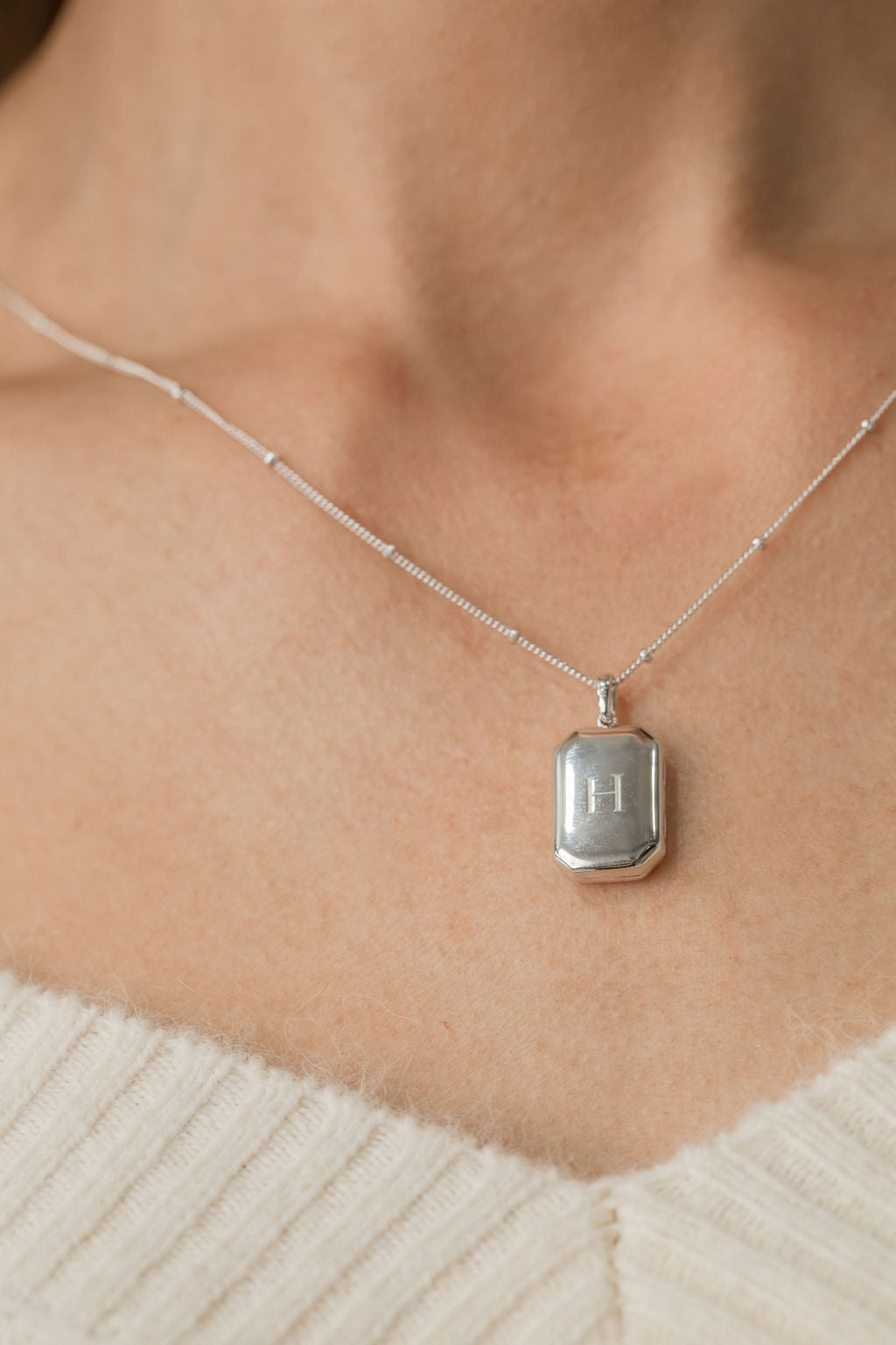 silver rectangular bevel locket engraved on bead chain necklace