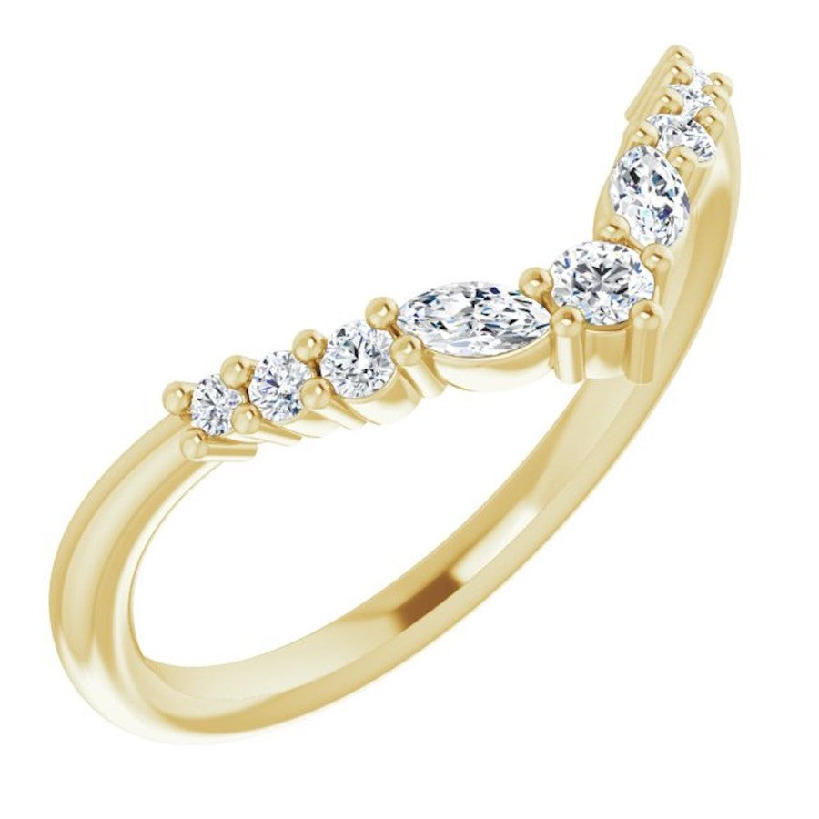 yellow gold diamond crown ring with round diamonds and pear shape diamonds