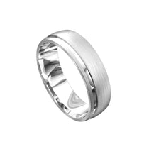 white gold brushed finish mens wedding ring with polished edge and carved line 