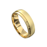 yellow gold brushed finish mens wedding ring with polished edge and carved line 