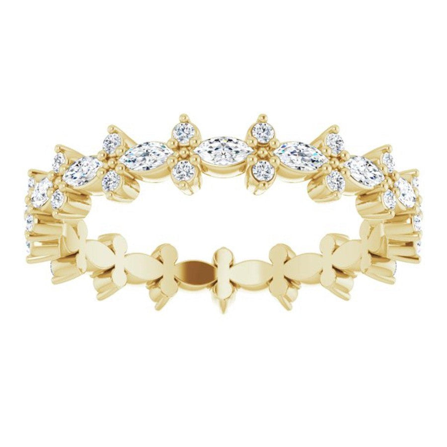 yellow gold diamond wedding ring with marquise diamonds and round diamonds