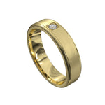 Yellow gold mens wedding ring with brushed finish and polished edges and pressure set diamond